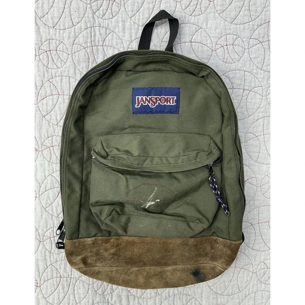 Vintage Green Jansport Backpack‎ Made In USA Leather Bottom